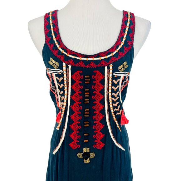 VINTAGE Free People Black Boho Embroidered Dress • Tassel Cutout Back Y2K Hippie - Picture 5 of 16
